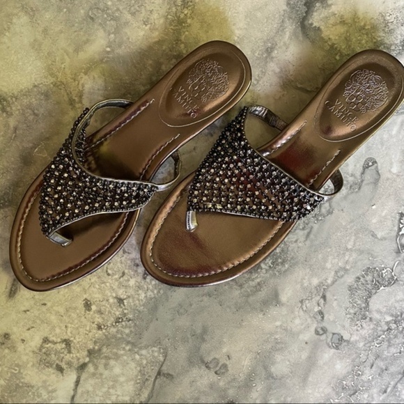 Vince Camuto Gray Gold Tan Metallic Crystal Woven Beaded Wedge Thong San… - Picture 3 of 16